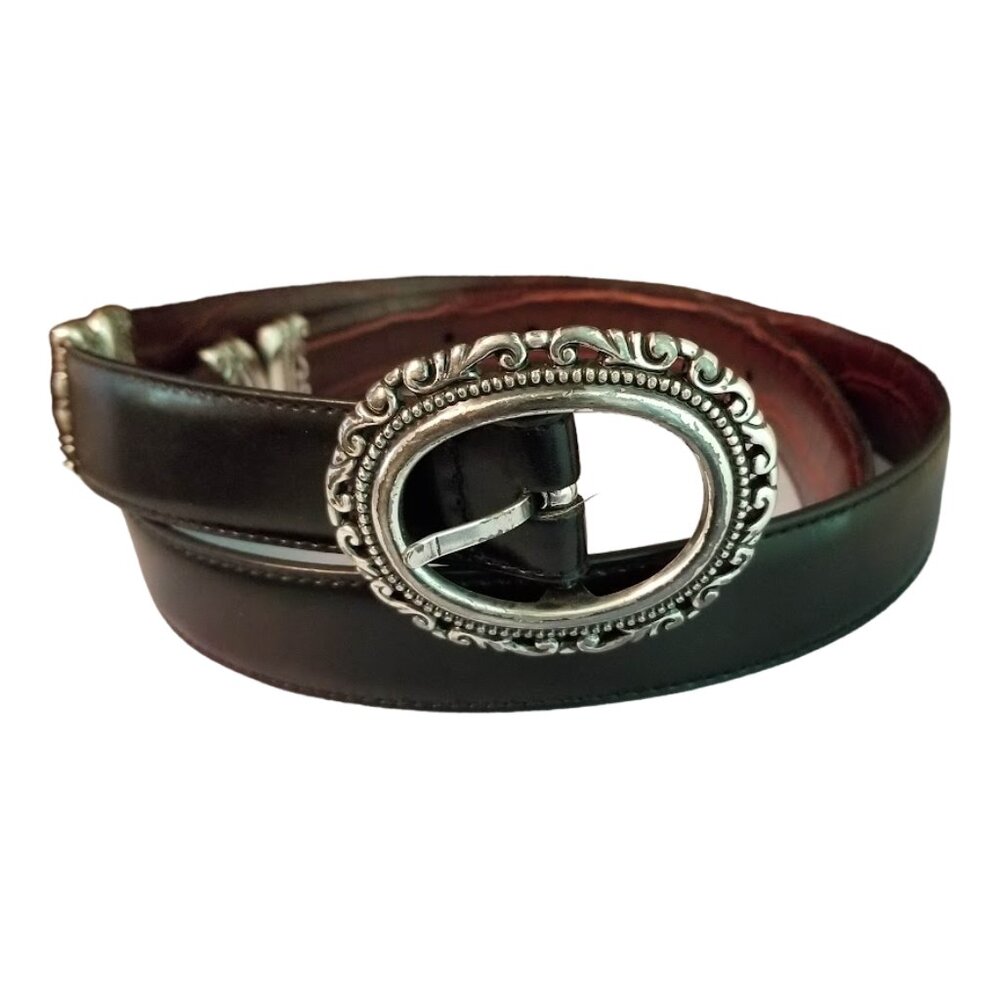 Reversible Women's Brown & Black Leather Belt, Scrollwork Buckle Mock Crock Boho